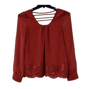 Blu Pepper Womens Sz M Red Sequin Long Sleeves Strappy Back Pullover Blouse Top